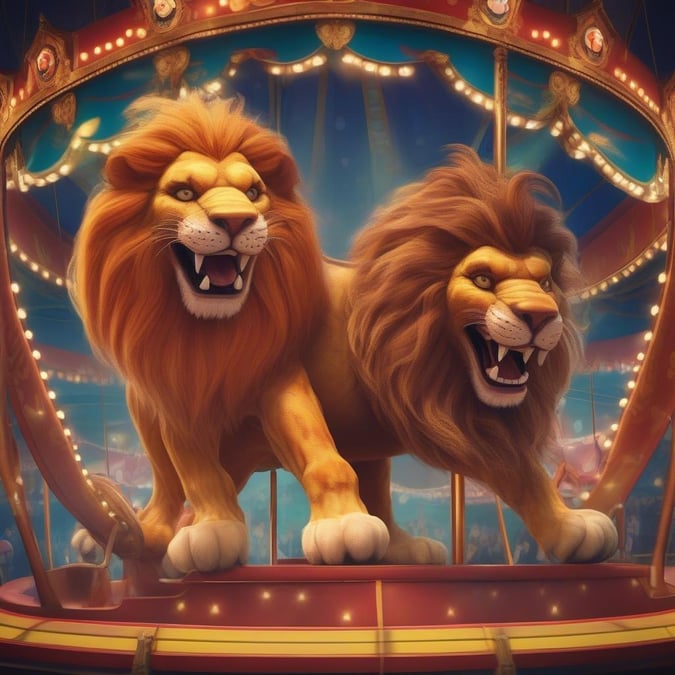 Lions, tigers, oh my! In this enchanting scene, two majestic lions, a king and queen of the jungle, join forces to whisk you away on a magical carousel ride. Their roars echo as they command the gears to spin faster, creating a dreamy atmosphere that's perfect for a fun-filled adventure.