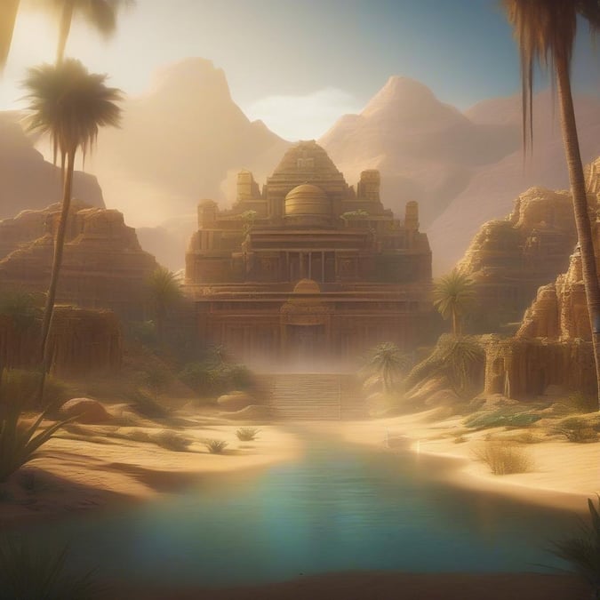 A serene and majestic scene of an ancient temple in the desert, surrounded by palm trees and other vegetation, with a large body of water in front of it.