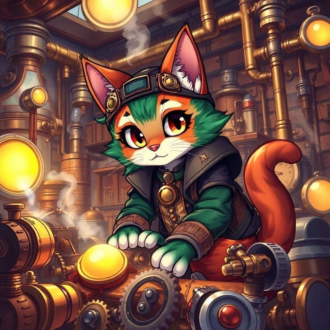 Dieses fesselnde Anime-Hintergrundbild zeigt eine charmante Steampunk-Katze in einer Werkstatt, umgeben von komplizierten Maschinen und Rohren. Das lebendige grüne und braune Fell der Katze bringt einen Farbtupfer in die Szene, während ihre Bastelpose die Zuschauer einlädt, die geheimnisvolle Atmosphäre zu erkunden.