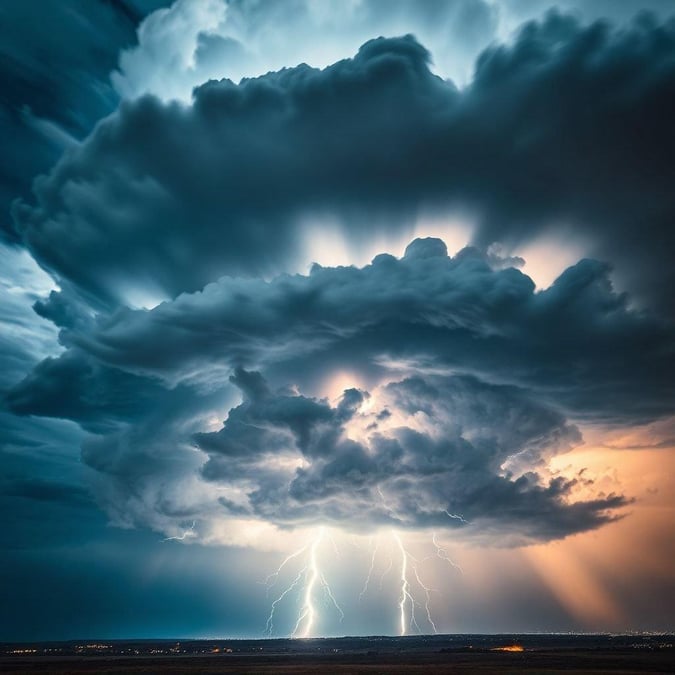 A dramatic night sky with bright lightning bolts, illuminating a heavy cloud formation. A weather phenomenon often associated with the power and beauty of nature.