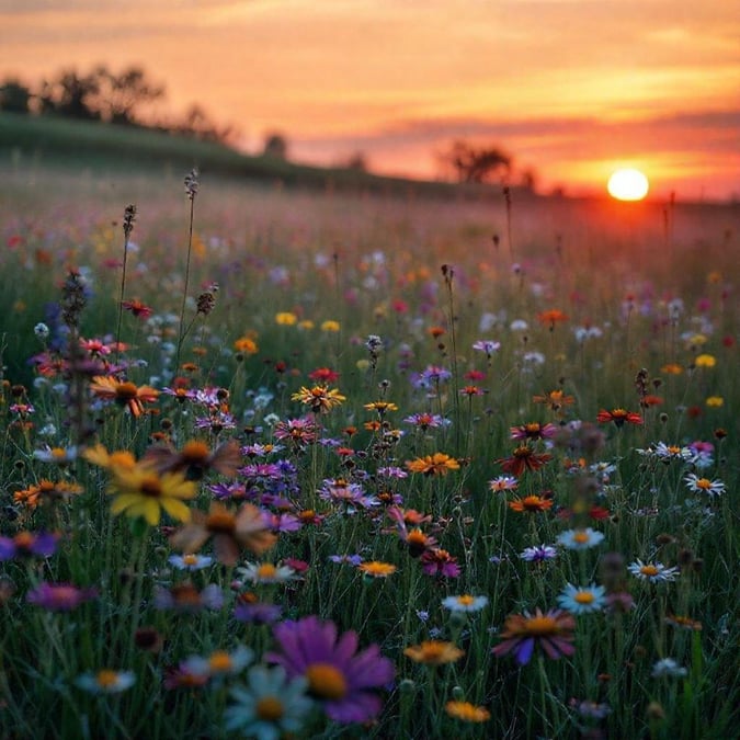 A vibrant field blooming with wildflowers against the backdrop of a warm sunset.