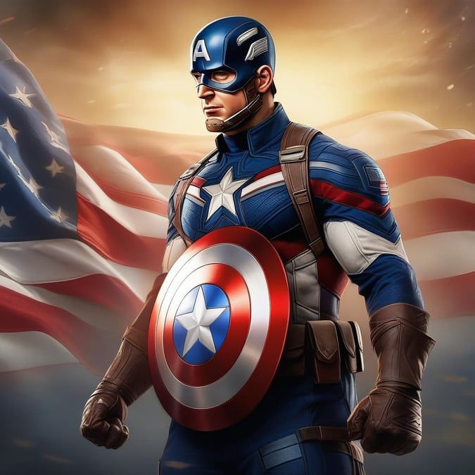 Ce magnifique fond d'écran présente Captain America, un symbole de patriotisme et d'héroïsme, se tenant fièrement devant un drapeau américain. L'image capture l'essence du super-héros iconique, avec son bouclier et son costume brillant à la lumière. Parfait pour les fans de l'univers Marvel, ce fond d'écran est sûr d'inspirer et de motiver.