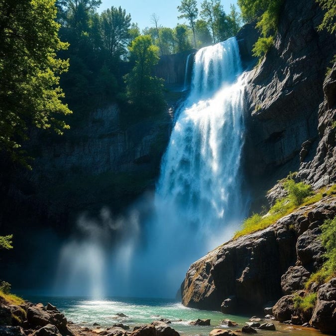 A picturesque view of a cascading waterfall amidst the lush greenery of a forest. The sound of rushing waters is almost audible, creating a peaceful and refreshing atmosphere. Perfect for those seeking tranquility or inspiration.