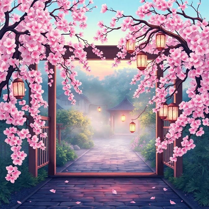 Step into a serene and enchanting world with this anime-inspired wallpaper featuring a gate of pink cherry blossoms leading to a lantern-lit garden.