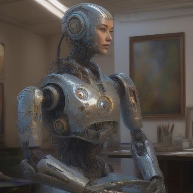 The future meets the past in this digital art image featuring a robot with classic art elements. The juxtaposition of modern technology and timeless art creates a captivating scene.