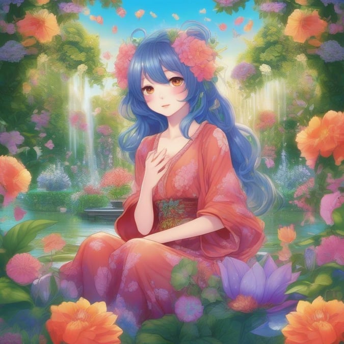 A detailed anime illustration of a cute demon girl, seated amidst the beauty of a vibrant floral garden. Her gaze is directed towards us, inviting a moment of animated serenity. Her hair is adorned with floral crowns and leaves, blending her mystical presence with nature's splendor. The background blooms with an array of colorful flowers, while sparkling fountains add a magical touch to the scene. In the distance, the sky stretches out in a clear expanse.