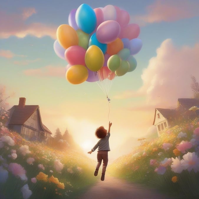 A young girl is joyfully running down a path, holding a bundle of colorful balloons, set against the backdrop of a picturesque Easter scene.