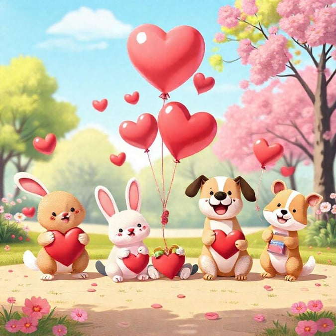 This adorable scene of four cute animals - a bunny, a cat, a dog, and another dog - is perfect for your desktop or mobile screen to celebrate Valentine's Day. They are all holding hearts, adding a warm and festive touch to the image.