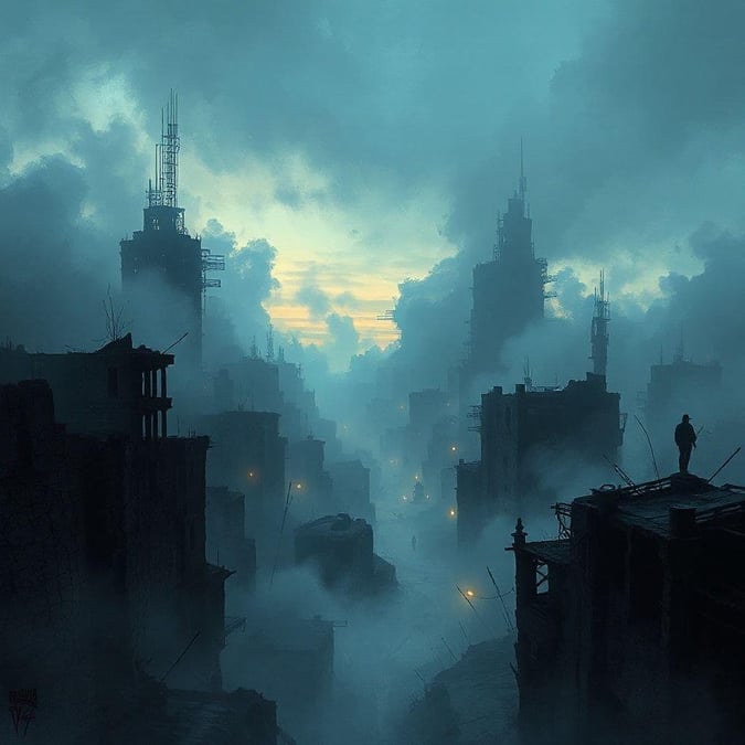 An apocalyptic city skyline silhouetted against the setting sun, amidst a mysterious fog. A lone figure surveys the desolate landscape.