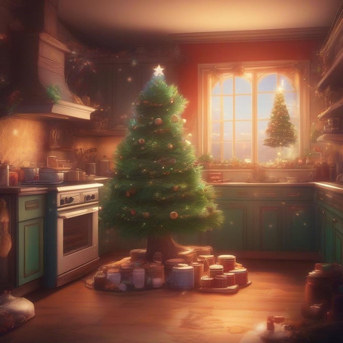 This Christmas wallpaper is perfect for adding a festive touch to your desktop or mobile device. The image features a beautifully decorated Christmas tree in a cozy kitchen setting, complete with presents and a warm glow. It's a great way to get into the holiday spirit and enjoy the magic of Christmas all year round.