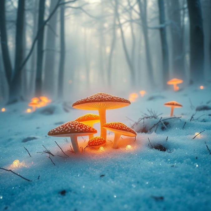 A captivating scene in the heart of a snowy forest, where the path is lit by glowing mushrooms, transforming an ordinary winter landscape into a mystical fairytale.