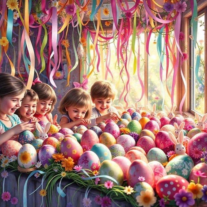 A joyful scene of children happily gathering around a pile of colorfully decorated Easter eggs.