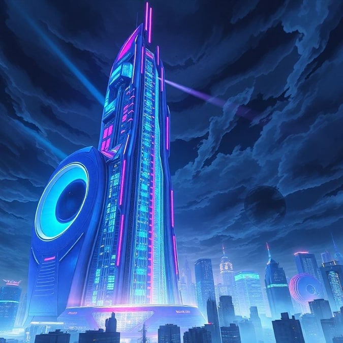 Welcome to a futuristic city under the neon glow of an otherworldly skyline. This stunning wallpaper features a towering skyscraper that stands out with its vibrant blue and purple hues, illuminated by neon lights that add a touch of surrealism to the scene.