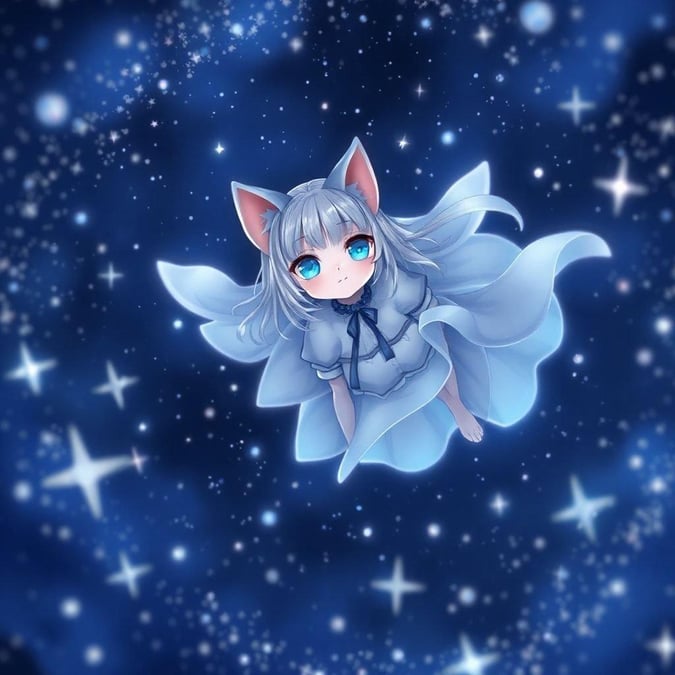 This digital art depicts an ethereal cat girl floating amidst the stars. Her vibrant blue eyes gaze directly at you, creating a moment of tranquility. The blurred background adds depth and a sense of motion to the scene.