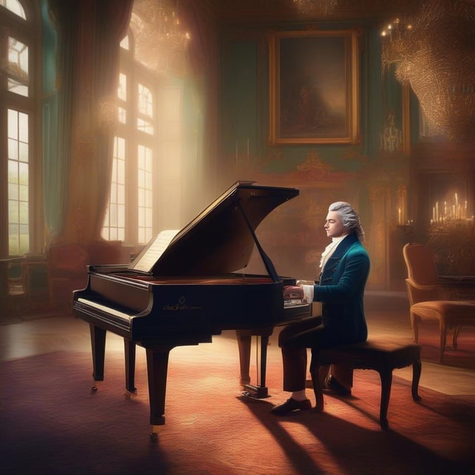 This stunning wallpaper features the renowned composer Wolfgang Amadeus Mozart in a serene setting, surrounded by elegant furniture and soft lighting. The image captures the essence of Mozart's musical genius and his timeless appeal.