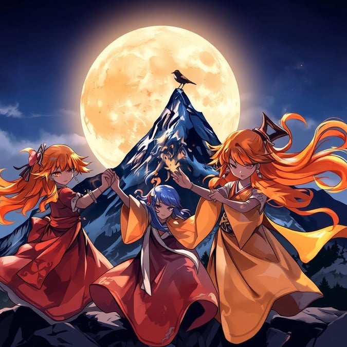 This anime wallpaper features a group of cute yuki-onna spirits dancing under a full moon, with vibrant orange and yellow hair contrasting the dark blue mountain background.