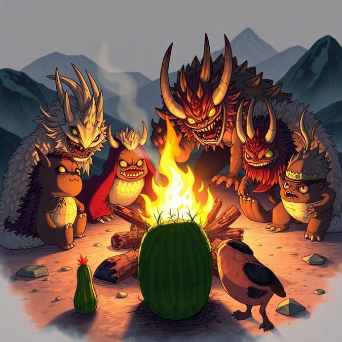 Get ready to be mesmerized by this stunning anime-inspired wallpaper featuring a group of mythical yokai creatures gathered around a bonfire, with a glowing light illuminating the scene. The small cactus in the foreground adds a touch of whimsy, while the misty mountain range in the background creates a sense of depth and mystery. This digital illustration is perfect for fans of fantasy and adventure, and is sure to add a touch of magic to any desktop or mobile device.