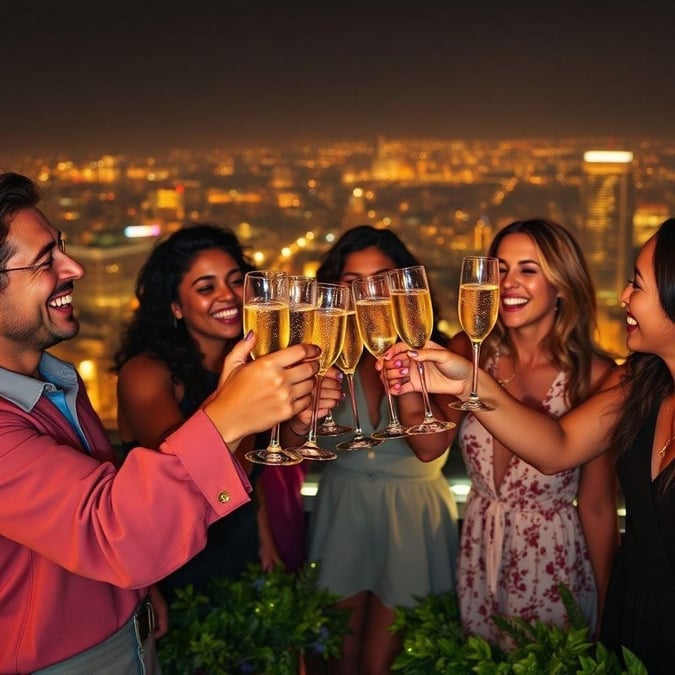 A group of friends enjoying champagne in a city skyline on New Year's Eve, toasting with champagne flutes.