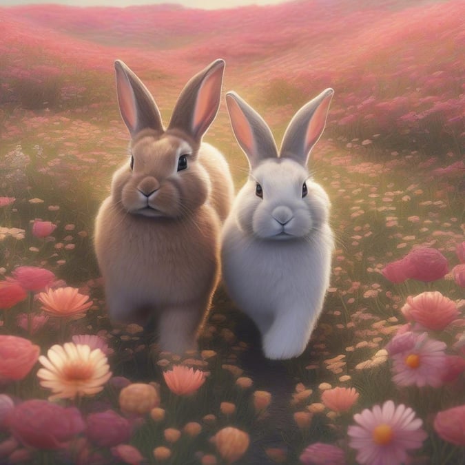 Two adorable bunnies celebrate the coming of spring, surrounded by vibrant pink flowers. This wallpaper is perfect for a sweet and colorful desktop or mobile background.