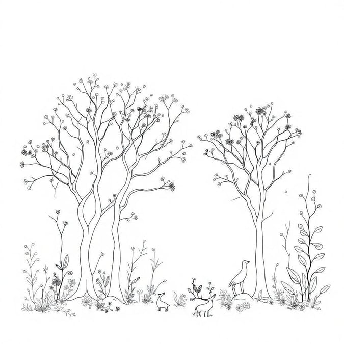 A minimalist black and white illustration depicting two trees in silhouette, set against a simple natural backdrop with small animals.