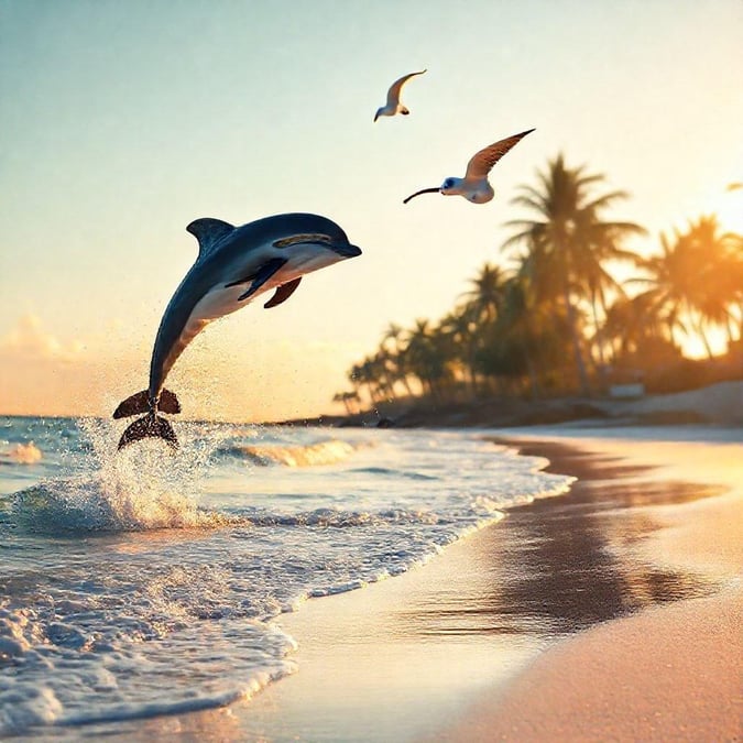 This stunning wallpaper features a dolphin jumping out of the ocean at sunset, creating a breathtaking scene that captures the beauty of nature.