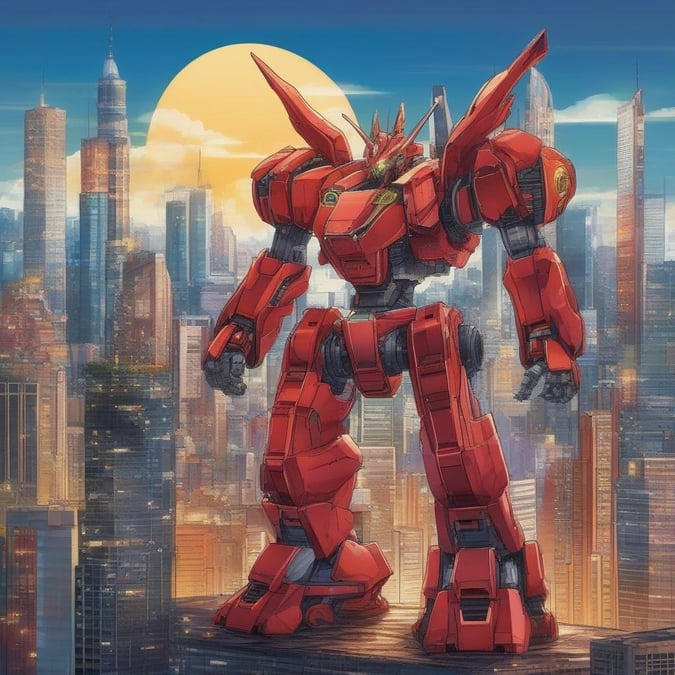 In a world where anime characters roam the streets, a towering mecha robot stands as a symbol of technological prowess. The red eyes and sharp teeth hint at its powerful nature, while the vibrant armor and spikes add to its imposing presence over the city skyline.