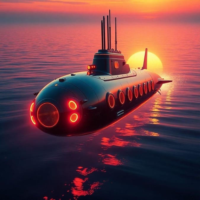 A futuristic nuclear submarine on the ocean, bathed in neon lights against a stunning sunset.