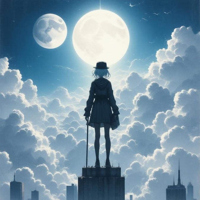 A young woman perched on the edge of a city's skyline, silhouetted against a backdrop of vibrant celestial bodies.