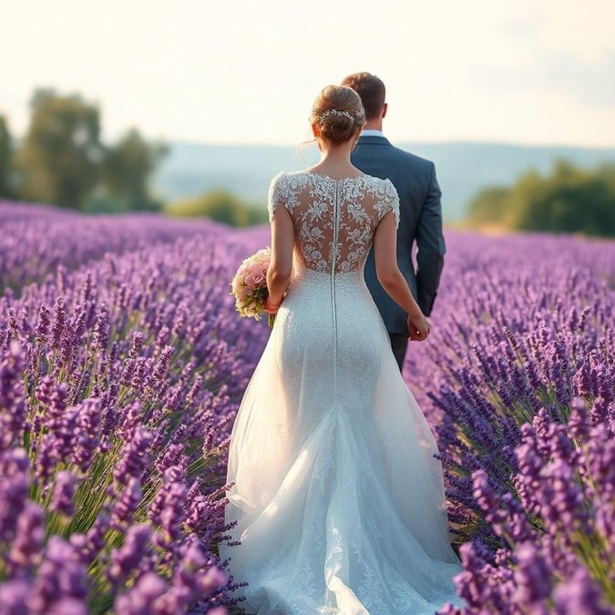 A beautiful couple, the bride with a flowing wedding gown, walks arm-in-arm through a vibrant purple lavender field on their special day.