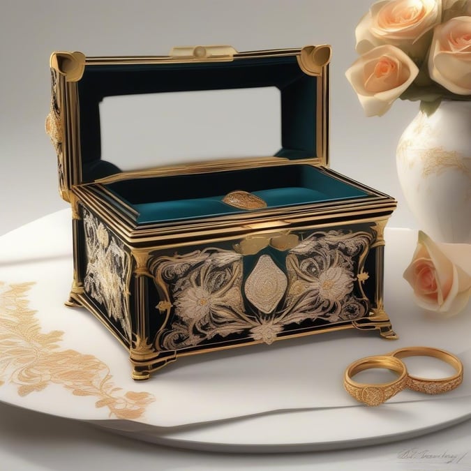 This exquisite, ornate jewelry box is a vintage treasure that would be the perfect centerpiece for any desk or dresser. The delicate floral designs and the gold accents make it a timeless piece of decor.