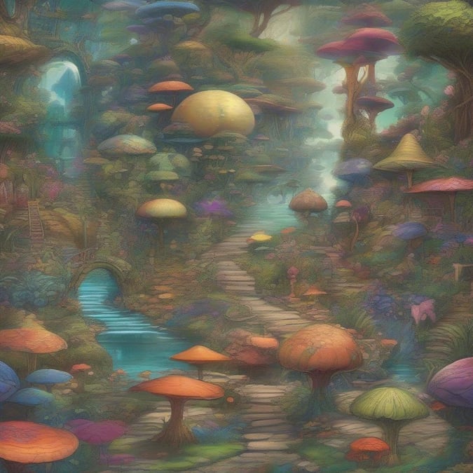 Explore the vibrant world of fungi in this whimsical landscape. A magical path leads the eye into a grove of glowing, rainbow-colored mushrooms. The scene is enchanting and otherworldly, perfect for those who love fantasy art.