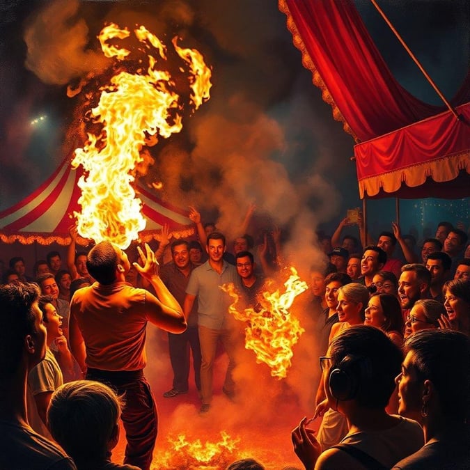 A daring performer enthralls an audience with fire and passion during a festive carnival event.