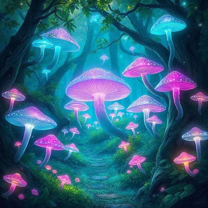 Step into a dreamy forest path adorned by ethereal glowing mushrooms, where magic blooms beneath the veil of night. The path invites you to explore what lies ahead with the mystic light of nature guiding your way.