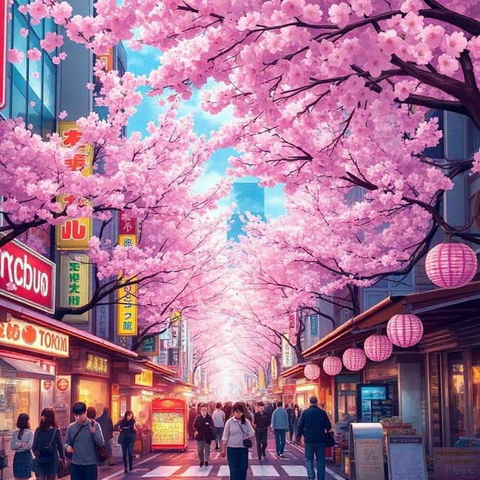 This beautiful wallpaper showcases a vibrant street scene in Tokyo, Japan, with stunning cherry blossom trees lining the road and people walking along the sidewalk. The image captures the essence of Tokyo's unique blend of traditional and modern architecture, making it a perfect fit for desktop and mobile use.