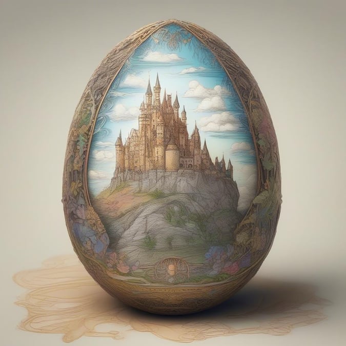 Celebrate the magic of Easter with this enchanting egg depicting a fairy tale castle! The detailed illustration brings to life a scene from a storybook, perfect for fans of fantasy and castles.