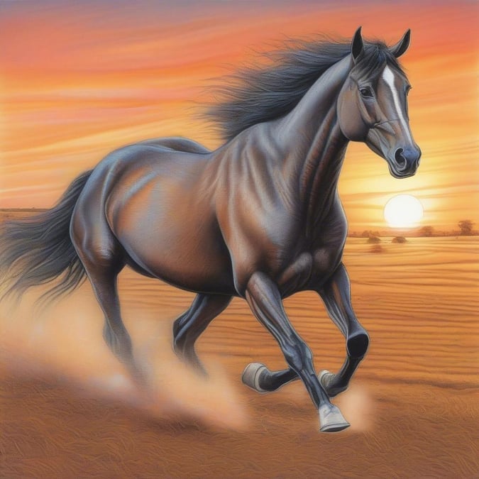 An artistic depiction of a majestic horse running through the desert at sunset, evoking a sense of freedom and power.