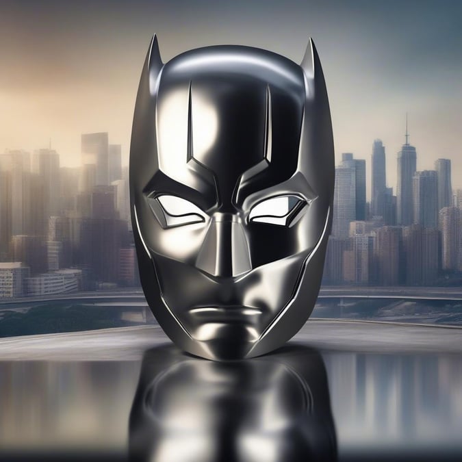 Une statue en métal élégante et polie de Batman de l'univers DC, mettant en valeur sa capuche emblématique et ses yeux brillants sur fond de ville.