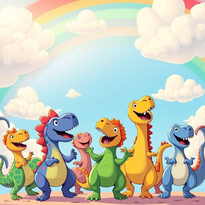 This adorable wallpaper features a group of happy dinosaurs enjoying each other's company. The colorful and playful design is perfect for kids' rooms or nurseries, and the friendly dinosaurs are sure to bring a smile to anyone's face.