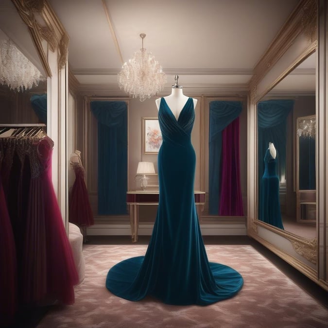 A classic blue evening gown elegantly displayed on a fashionable mannequin against a luxurious backdrop. Perfect for formal events or bridal wear.