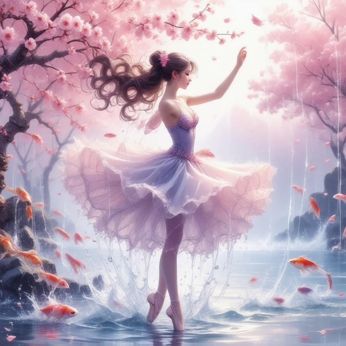 Get lost in the enchanting world of anime with this beautiful wallpaper featuring a delicate ballerina dancing amidst a swirling web of pink cherry blossoms and koi fish. The blurred background adds a touch of magic to this captivating scene.