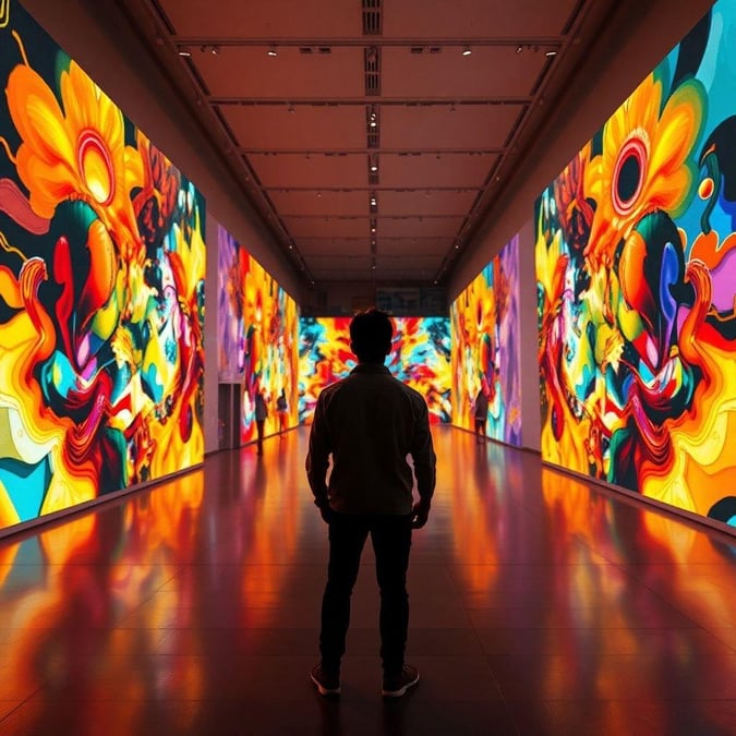 A man stands in awe, surrounded by the beauty of abstract art. The vibrant colors and dynamic patterns create a captivating atmosphere, inviting the viewer to explore and appreciate the creativity on display.