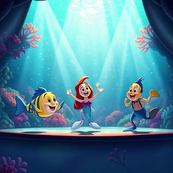 This image features Ariel, Flounder, and Flotsam from Disney's 'The Little Mermaid' in an underwater setting. The characters are depicted in a playful and colorful manner, with Ariel wearing her iconic green tail and Flounder sporting his signature fins. Flotsam is shown with his eel-like body and menacing expression, adding a touch of drama to the scene. The background of the image is a vibrant blue, representing the ocean, and the overall atmosphere is one of fun and adventure.