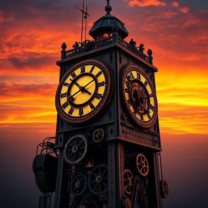 A classic clock tower, possibly Big Ben, illuminated by the warm hues of a sunset sky. This iconic structure is an architectural marvel and a symbol of timeless elegance.