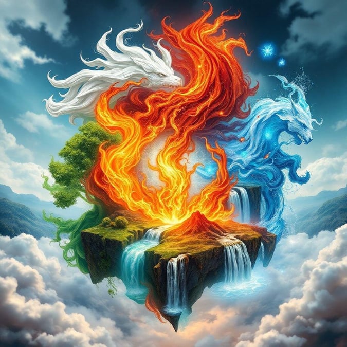 This image is a stunning representation of the connection between heaven and earth, with a majestic dragon soaring through the sky and a serene waterfall flowing gently below. The vibrant colors and intricate details bring the scene to life, evoking a sense of wonder and awe. Whether you're looking for a wallpaper to inspire your day or a reminder of the beauty of nature, this image is sure to captivate and uplift.