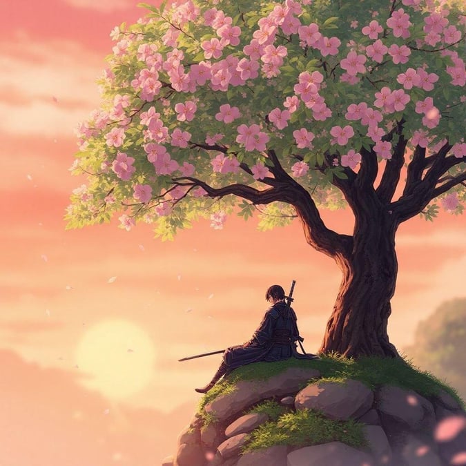 This serene anime-style wallpaper features a samurai sitting on a rock beneath a cherry blossom tree, with the warm pink sky and vibrant green leaves creating a peaceful atmosphere.