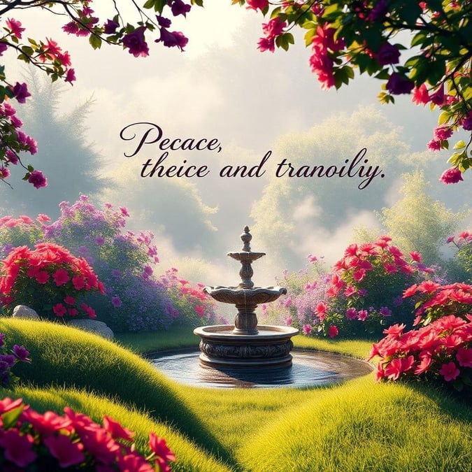 A serene garden setting with a quote on peace and tranquility.