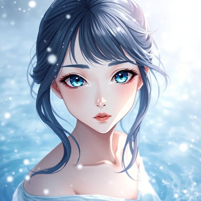 In the quiet stillness of a frozen lake, a delicate yuki-onna stands. Her eyes, vibrant as twinkling stars, gaze into the distance. The snowflakes swirl around her in a dance, their silhouettes forming an enchanting backdrop to this serene scene. With her ethereal beauty and the mystical atmosphere, she embodies the tranquility of winter's touch.