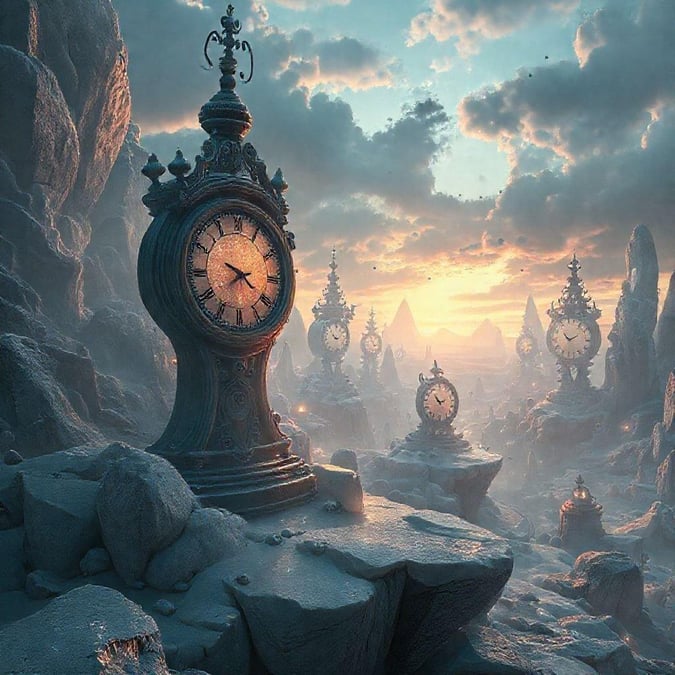 Embark on an otherworldly journey through this fantastical landscape where time itself seems to have gone off the clock. Surrounded by ancient ruins and mysterious mechanisms, you'll feel like a traveler in the pages of a timeless tale.