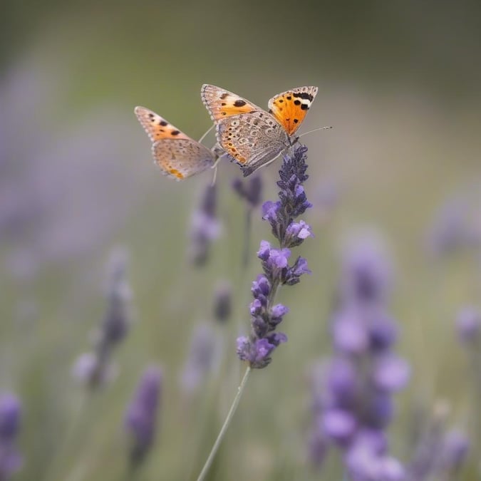 A tranquil scene with two beautiful butterflies resting on lavender blooms in a field.