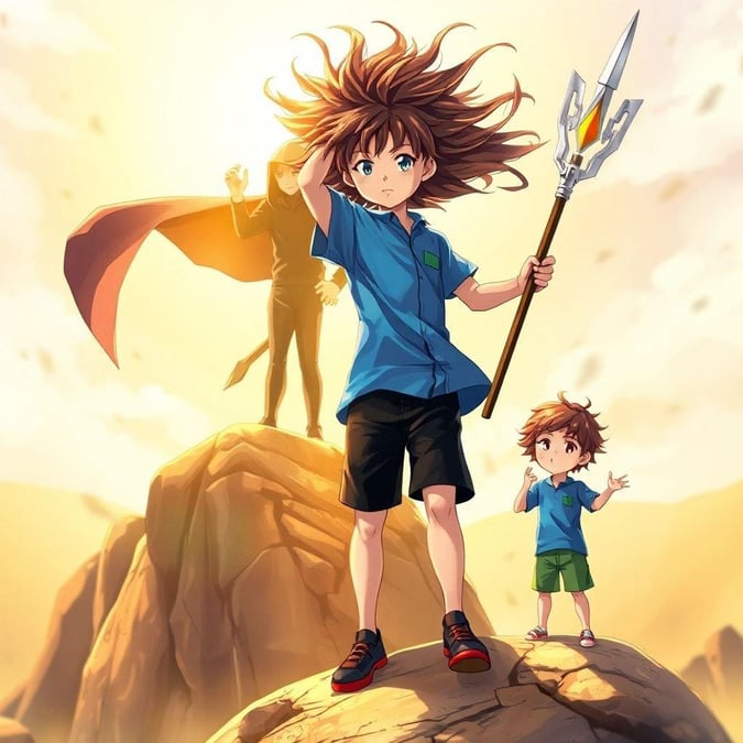 This anime wallpaper features a schoolboy transforming into a superhero, with a hooded figure standing on a rock in the background. The boy's hair is a cascade of light and dark, and he is dressed in a blue shirt and black shorts, holding a staff in his right hand.